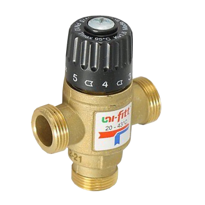Клапан термостатический трехходовой смешение боковое Uni-Fitt 3/4", KVs 1.6, 20-43°C, нар. р.