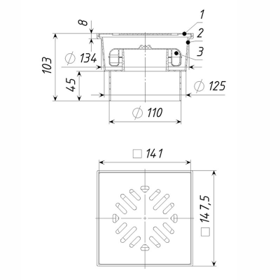 Трап ПП вертикальный с сухим затвором поплавковым D110 решетка нерж. сталь 150х150 Татполимер (24)