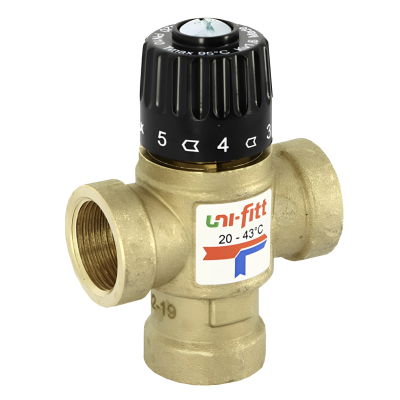 Клапан термостатический трехходовой смешение боковое Uni-Fitt 3/4", KVs 1.6, 20-43°C, вн. р.