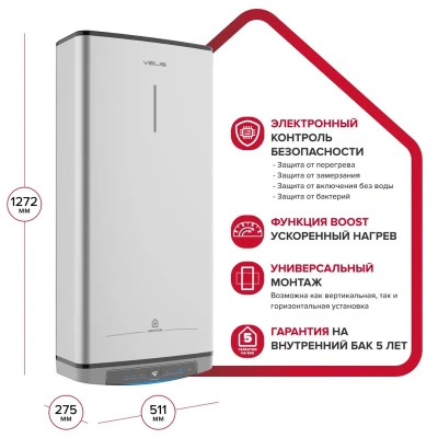 Водонагреватель электрический Ariston ABSE VLS DRY WIFI 100 (1,5+1 кВт, 2 ТЭНа, плоский, Ag+)