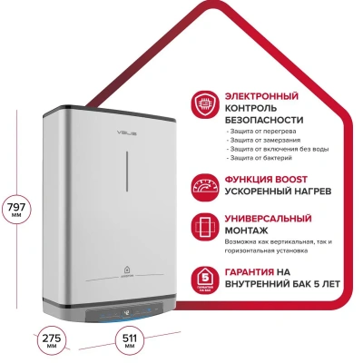 Водонагреватель электрический Ariston ABSE VLS DRY WIFI  50 (1,5+1 кВт, 2 ТЭНа, плоский, Ag+)